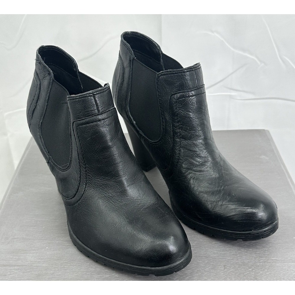 BOC Born High Heel Ankle Boots Womens 8 Black Leather‎ Lug Sole Chelsea Bootie